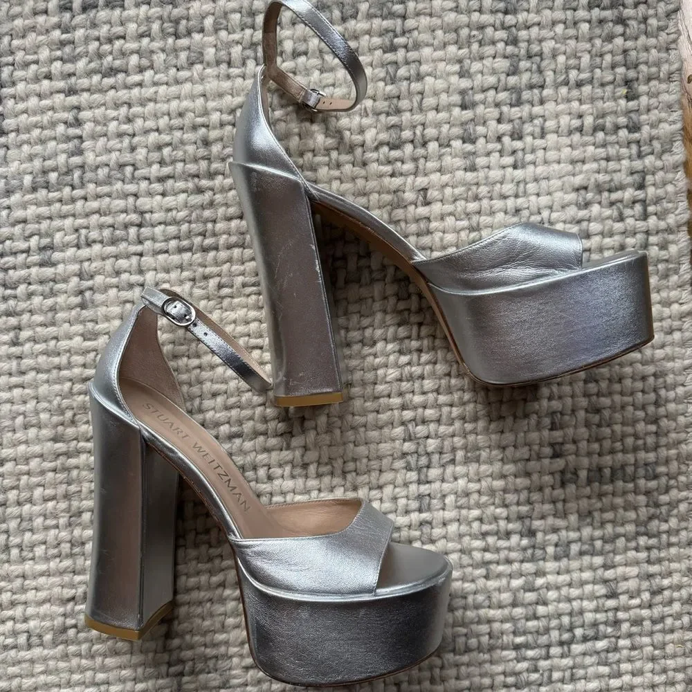 NEW Stuart Weitzman Skyhigh 145 Platform Sandal in Silver 9.5